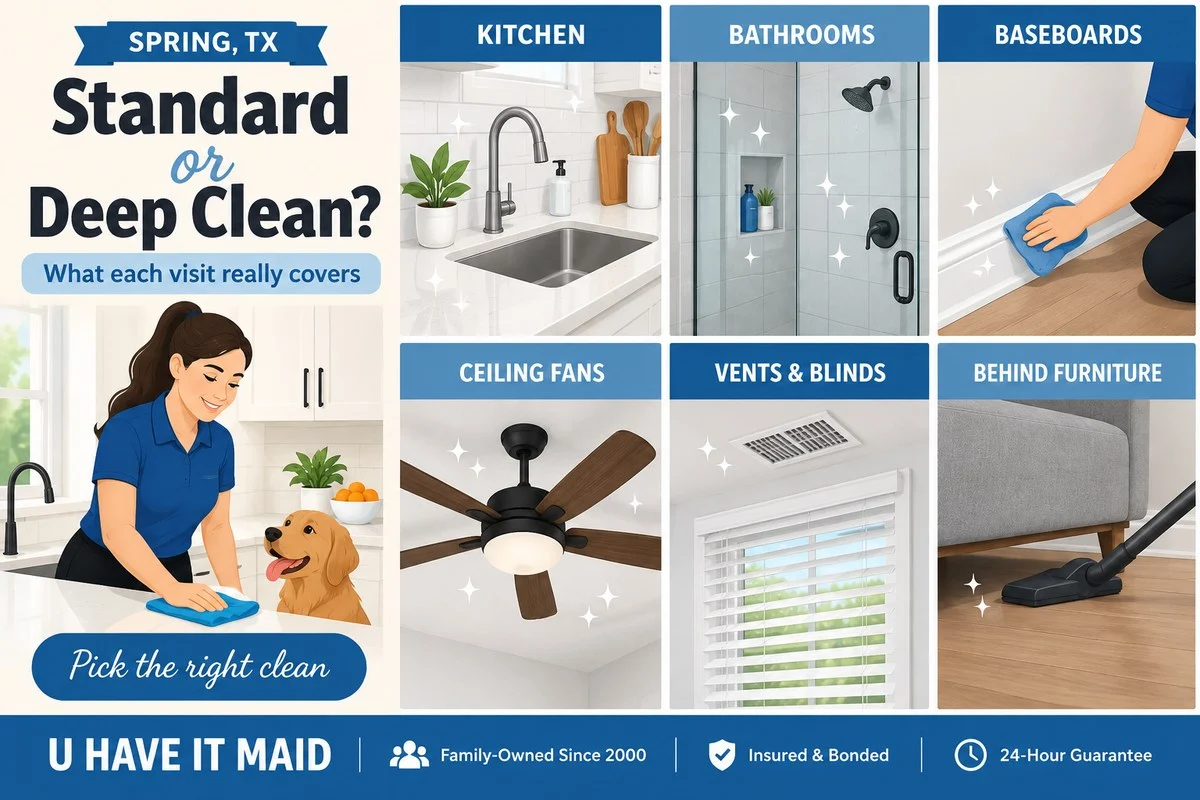 Infographic comparing standard and deep house cleaning in Spring, TX across kitchens, bathrooms, baseboards, ceiling fans, vents and furniture